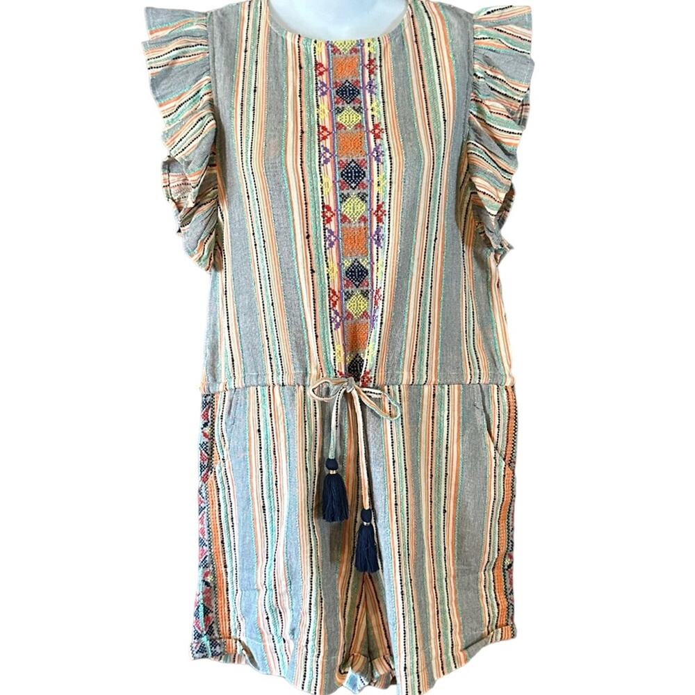 THML Womens Small Shorts Romper with  Embroidery Trim and Tie Waist